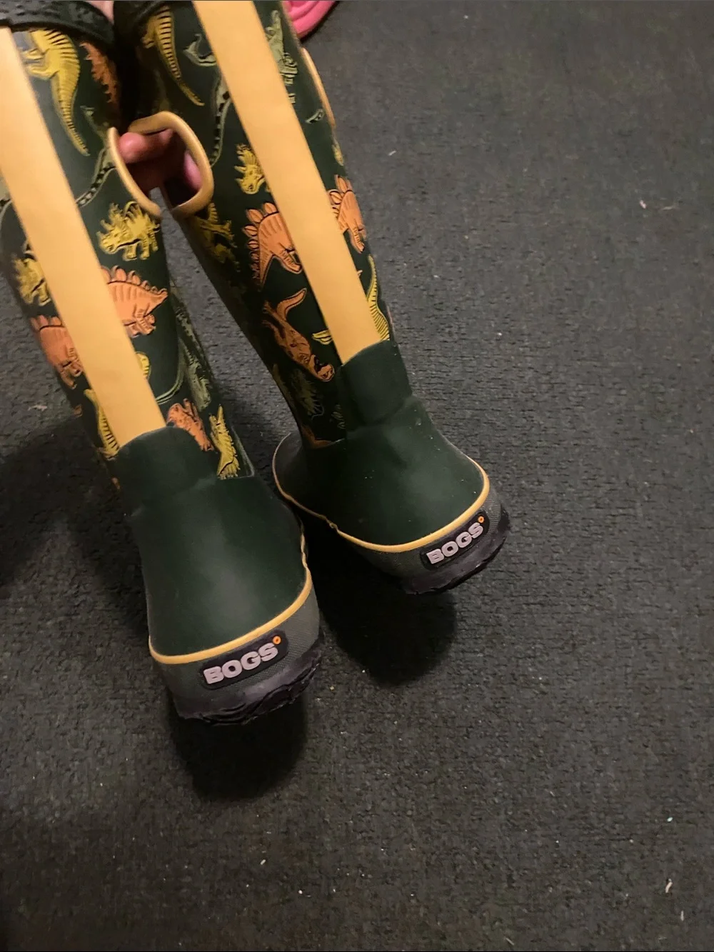 Bogs Dark Green Kids Rain Boots with Yellow Dino Accents